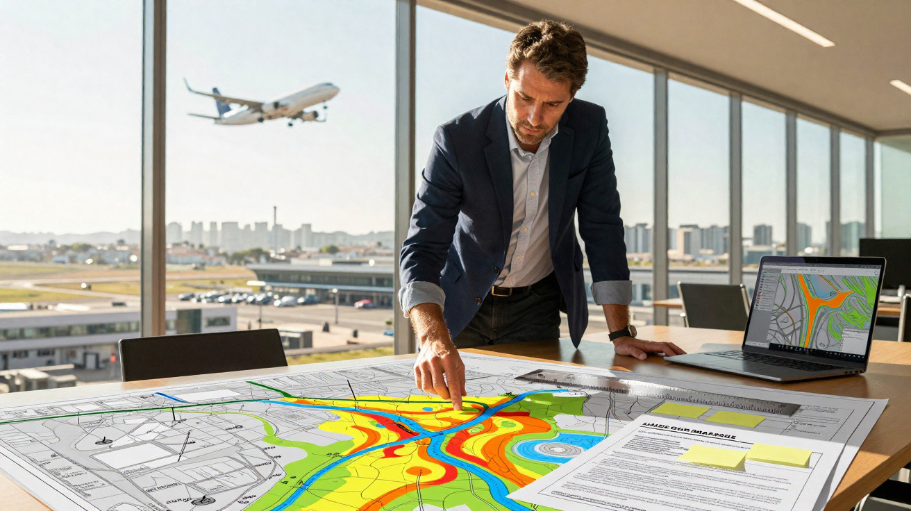 Homem de negócios analisa mapa urbano colorido numa sala com janela grande, com avião a descolar ao fundo.