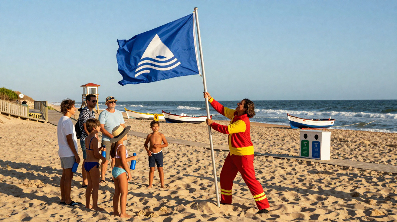 Apresentadora de bandeira azul hasteia bandeira numareia com família a observar e mar ao fundo.