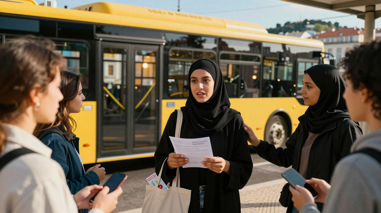 Jovem mulher de hijab e máscara segura documento enquanto conversa com grupo junto a autocarro amarelo.