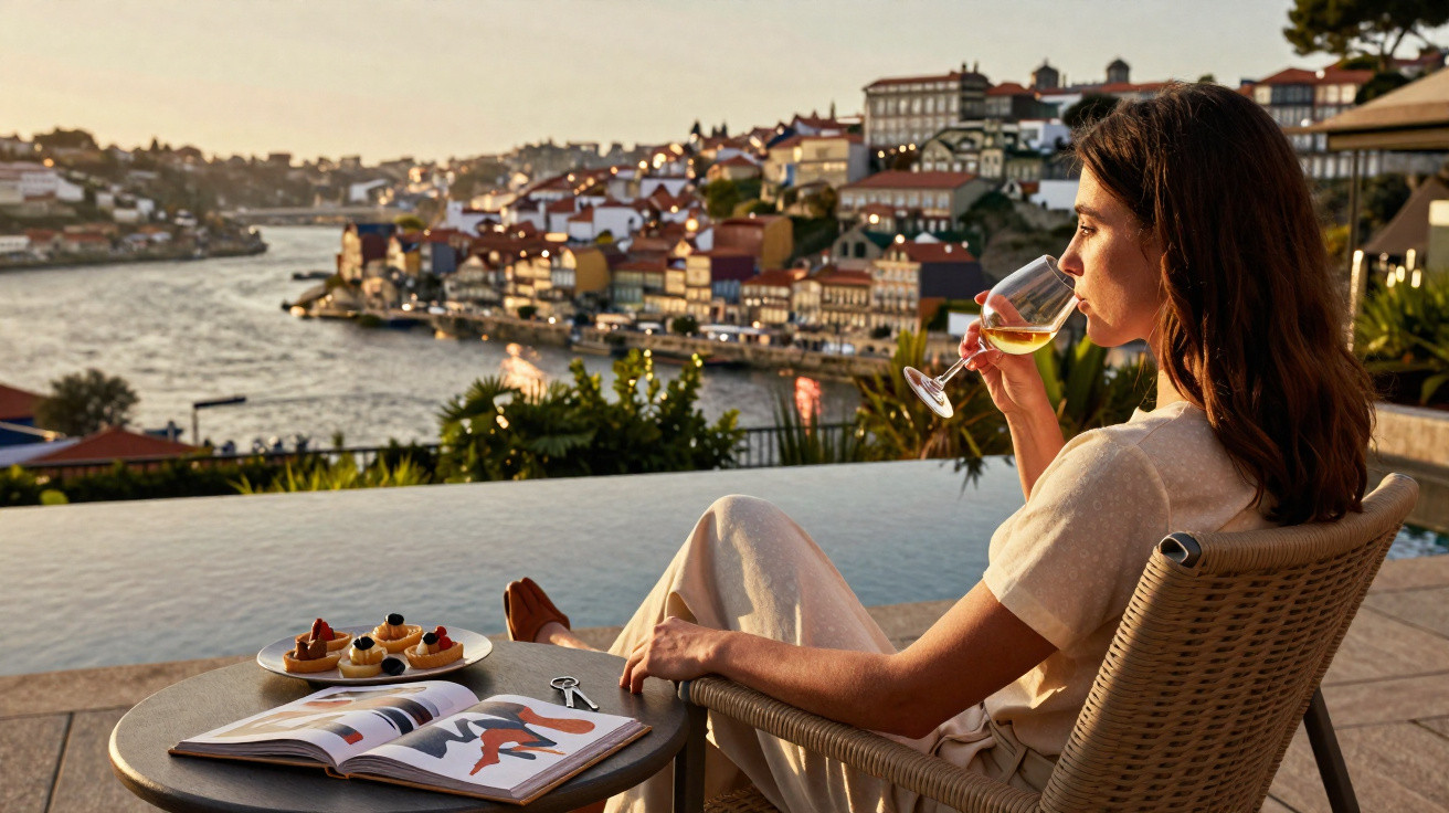 Mulher sentada a beber vinho branco com vista para rio e cidade ao pôr do sol.