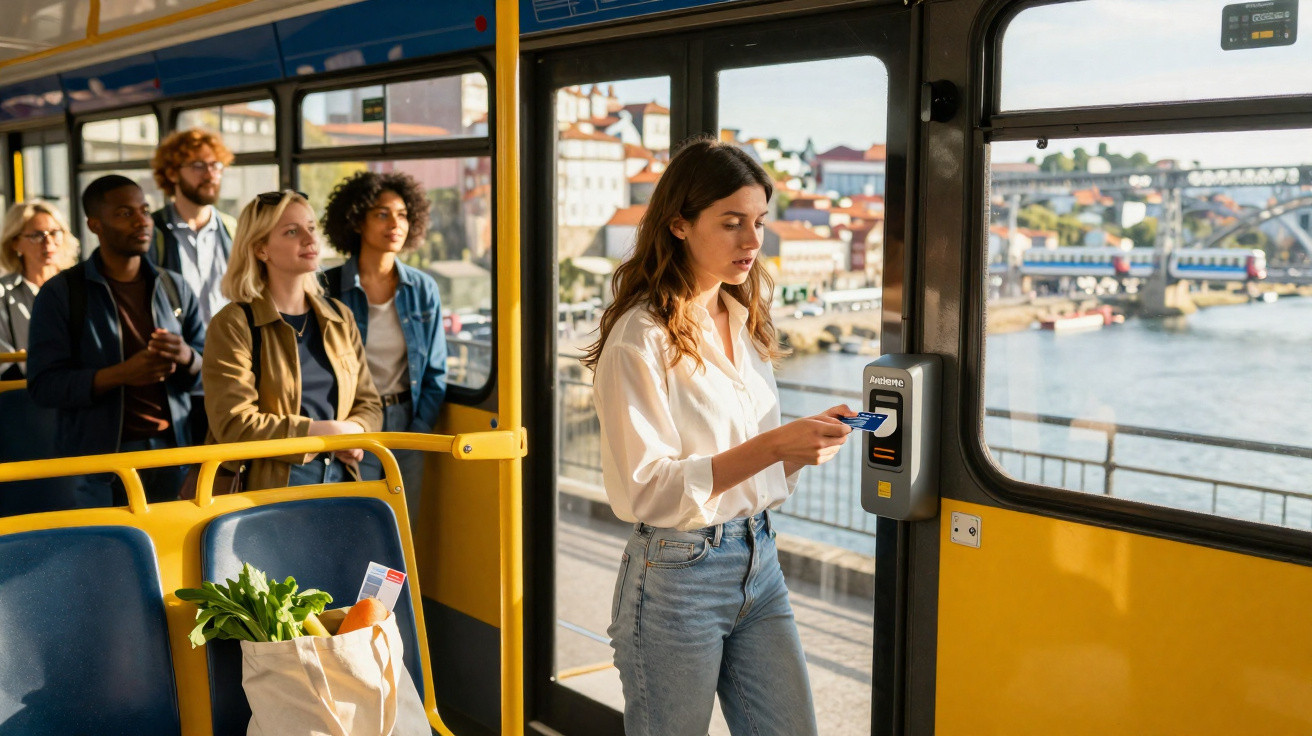 Mulher a validar cartão num autocarro amarelo com outros passageiros e paisagem urbana ao fundo.