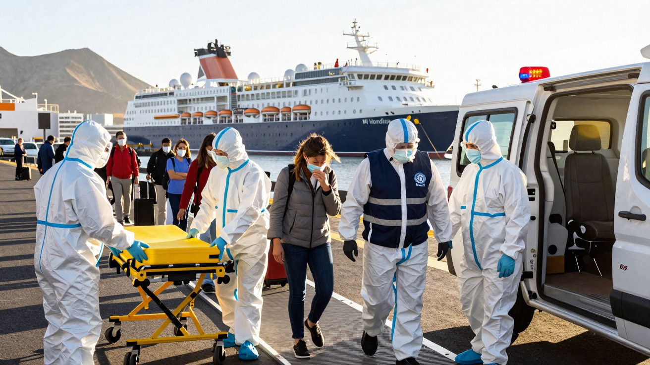 Pessoas com máscaras a desembarcar de um navio de cruzeiro, com equipe médica em fatos de proteção e uma ambulância.
