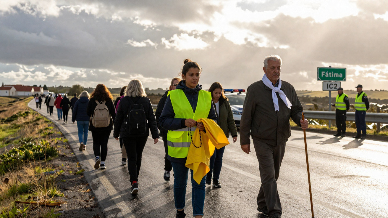 Grupo de pessoas a caminhar na berma de uma estrada perto de sinal de trânsito para Fátima, algumas com coletes refletores.