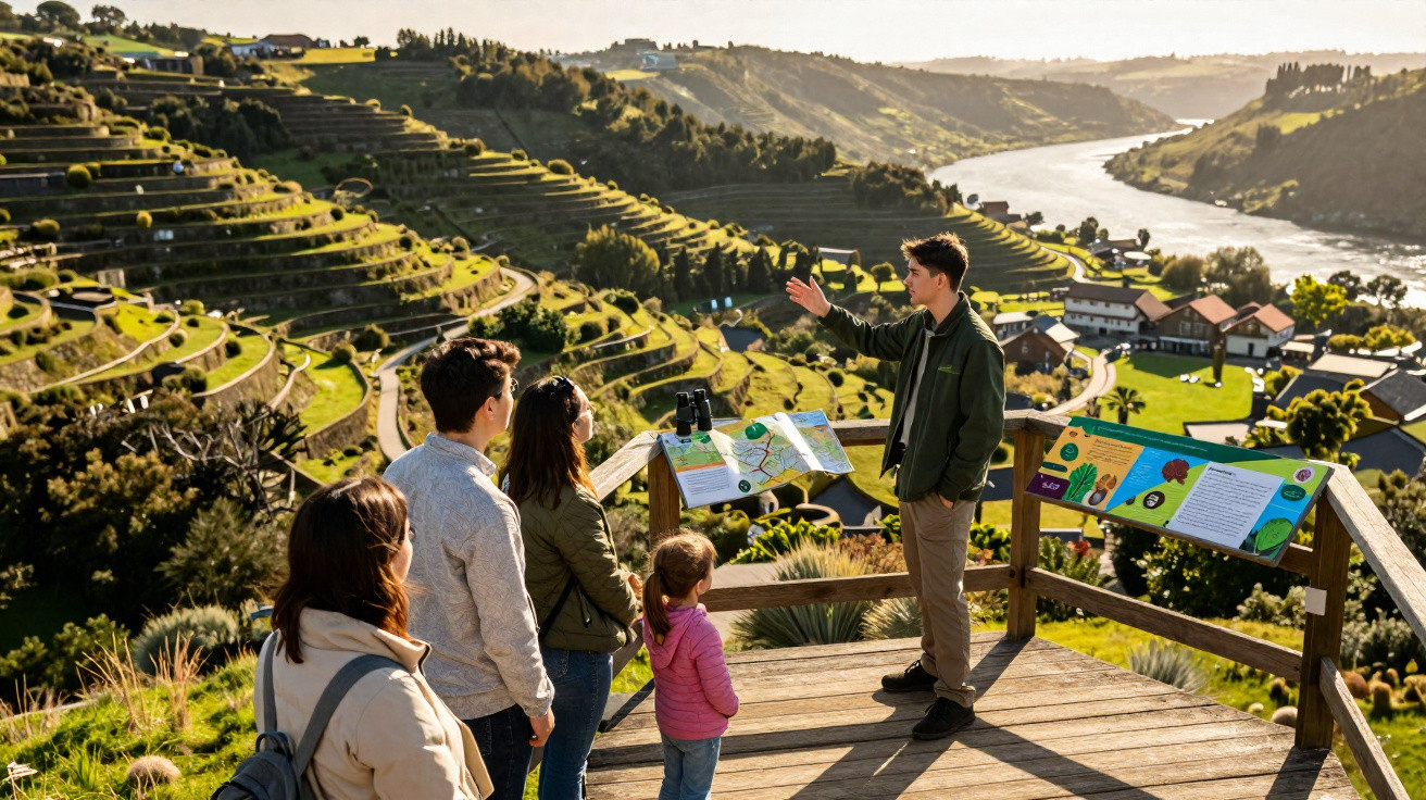 Grupo de cinco pessoas a observar e apreciar a paisagem rural com montanhas e um rio durante o pôr do sol.