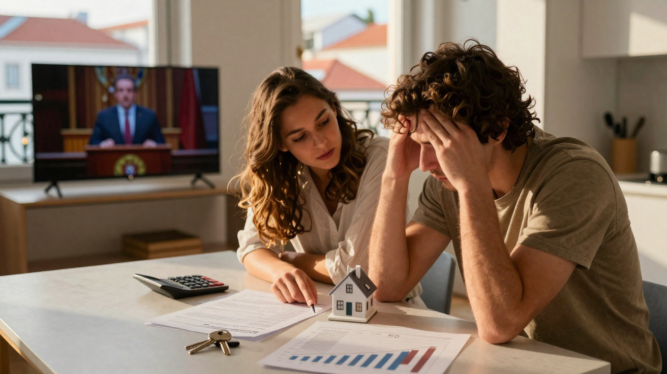 Casal preocupado analisa documentos financeiros numa mesa com chave, calculadora e casa modelo.