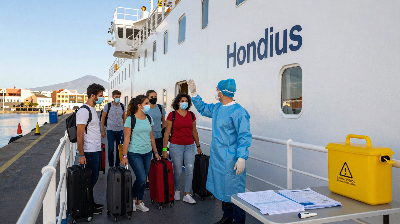 Funcionária em proteção sanitária cumprimenta passageiros de ferry com máscaras a desembarcar num cais.