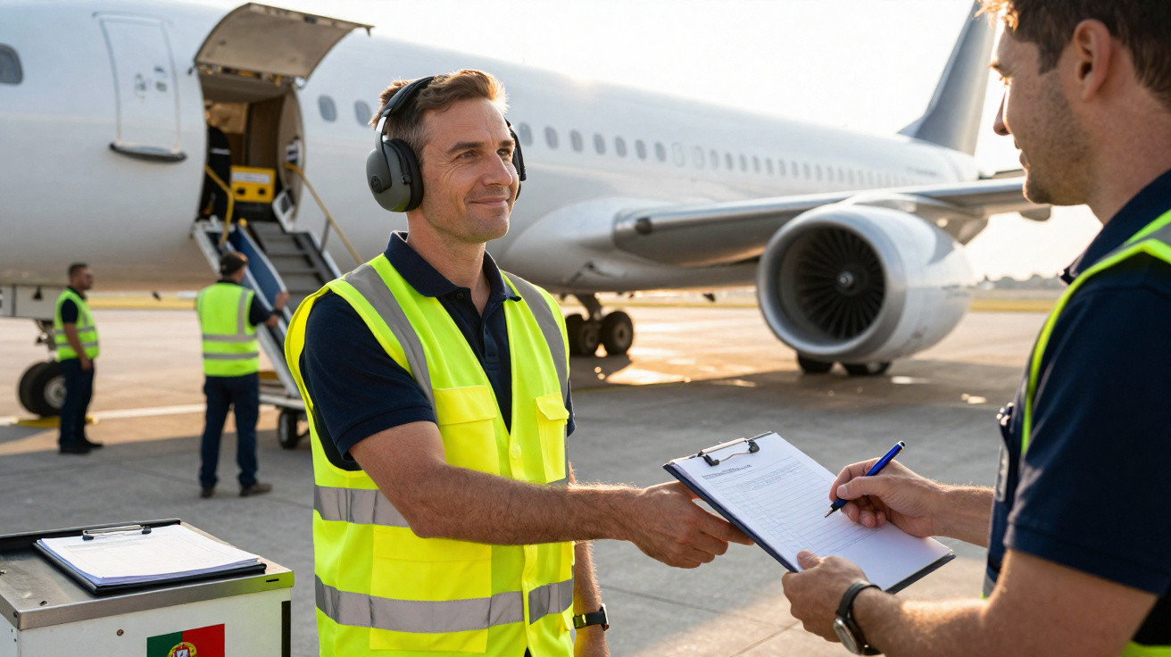 Dois trabalhadores de aeroporto com coletes refletivos, um com auriculares, em frente a um avião no pátio de estacionamento.