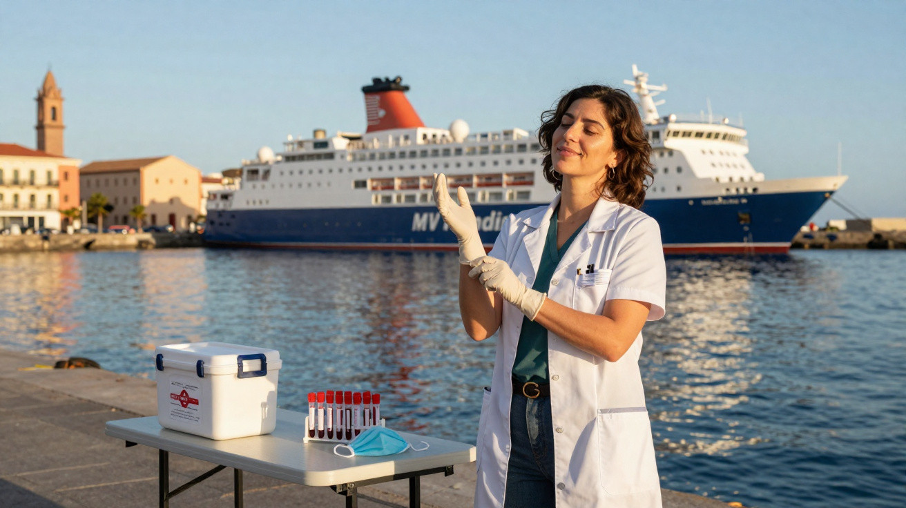 Mulher com bata branca a preparar-se para recolher amostras junto ao cais, navio de cruzeiro ao fundo.