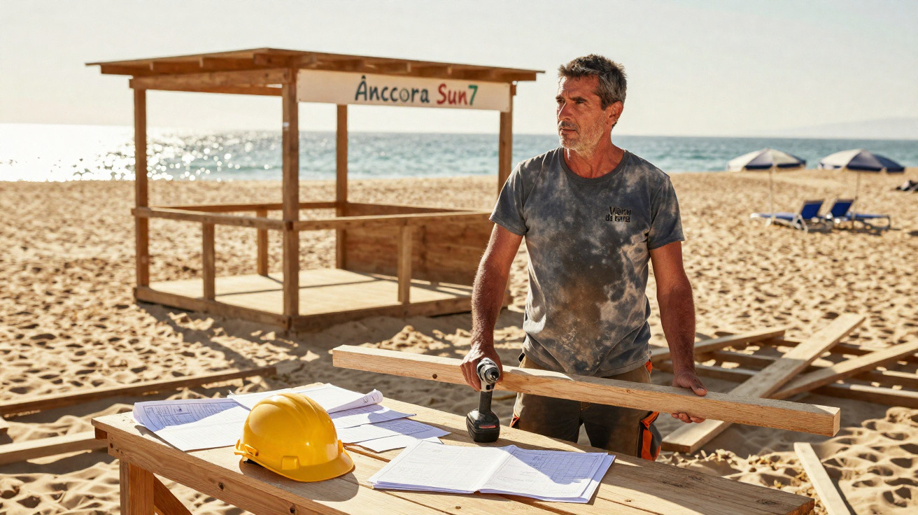Homem com t-shirt suja junto à praia, segurando uma furadeira junto a uma estrutura de madeira em construção.