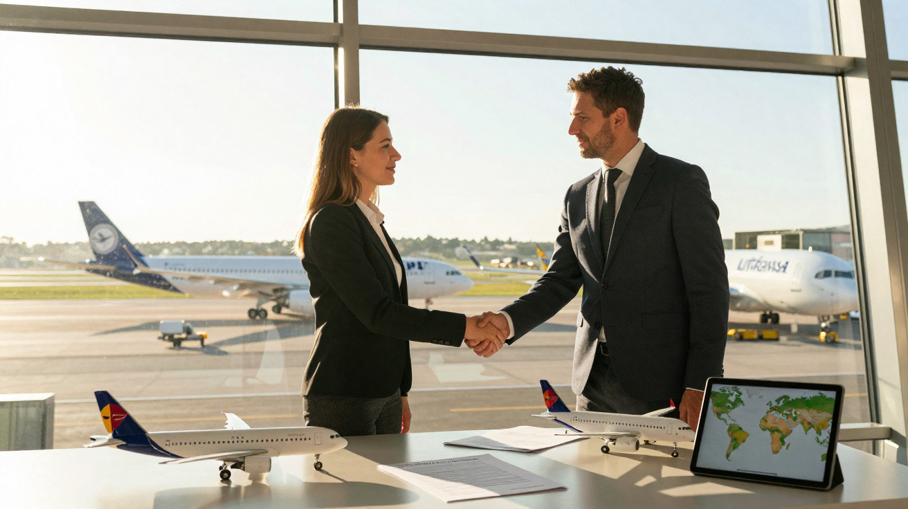 Duas pessoas de negócios apertam as mãos num aeroporto com modelos de aviões e mapa mundial na mesa.