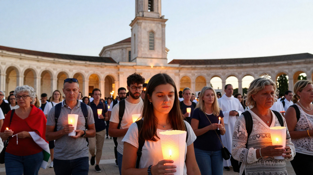 Grupo de pessoas em vigília com velas na mão em frente a um edifício histórico ao entardecer.