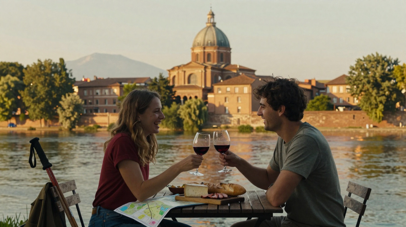 Casal brinda com vinho tinto junto a mesa com petiscos à beira rio com igreja ao fundo ao pôr do sol.
