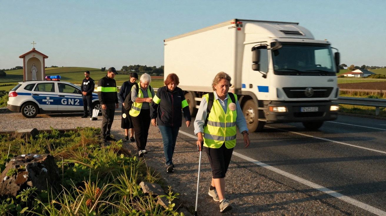Grupo de pessoas com coletes refletivos a caminhar junto a estrada rural com carro polícia e camião perto.