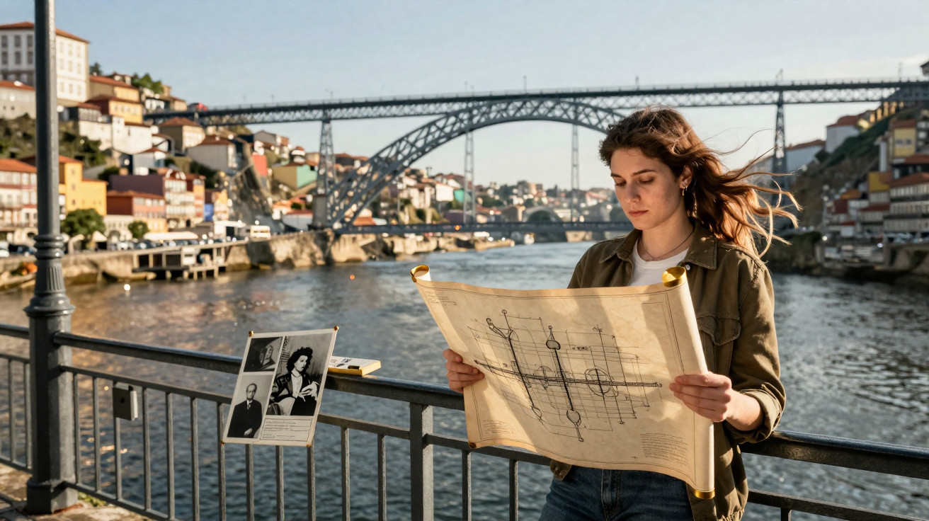 Mulher a ler mapa junto ao rio Douro com a ponte Dom Luís I e elétrico ao fundo no Porto.
