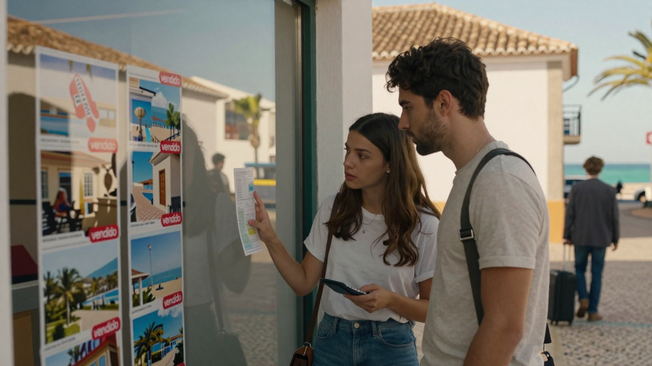 Casal jovem consulta anúncios de imóveis com placas de "vendido" numa rua de casas típicas junto ao mar.