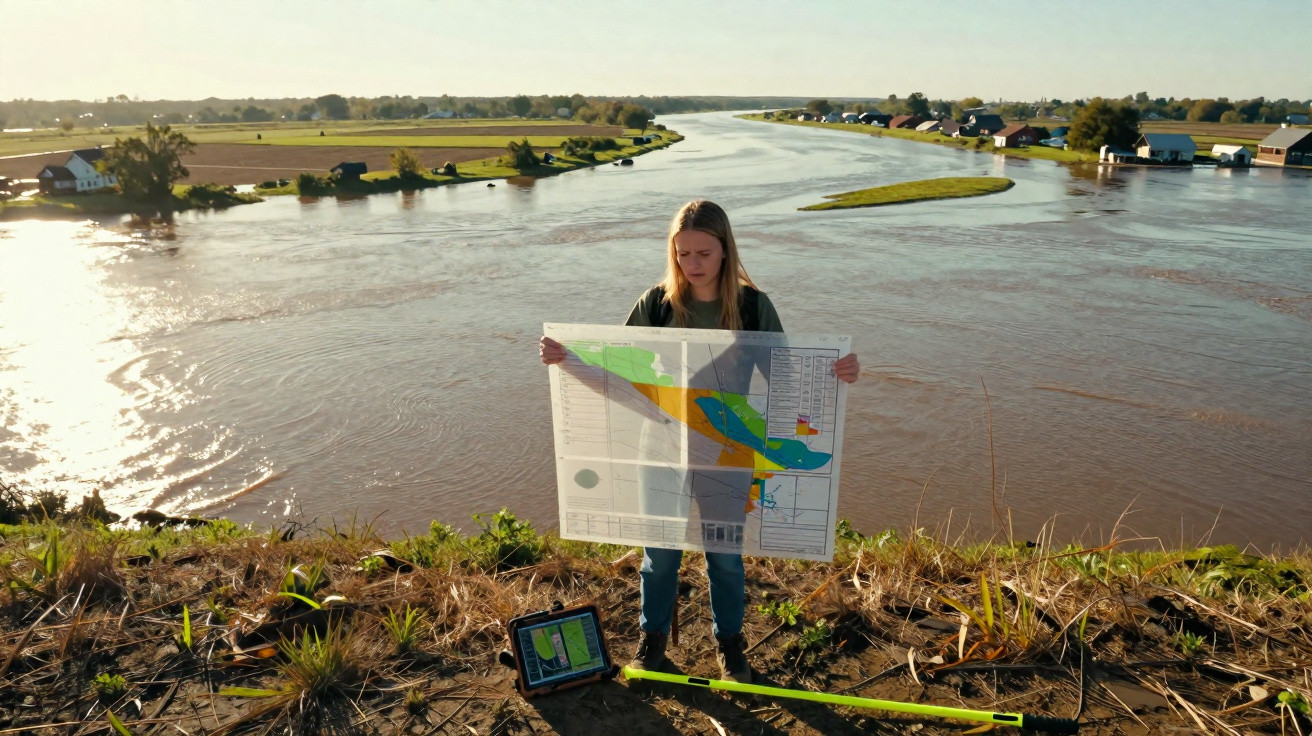Mulher segura planta sobre margem de rio largo com casas dispersas e vegetação ao redor.