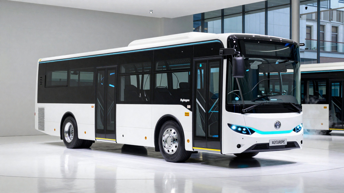 Autocarro elétrico branco moderno exposto em espaço interior iluminado e amplo.