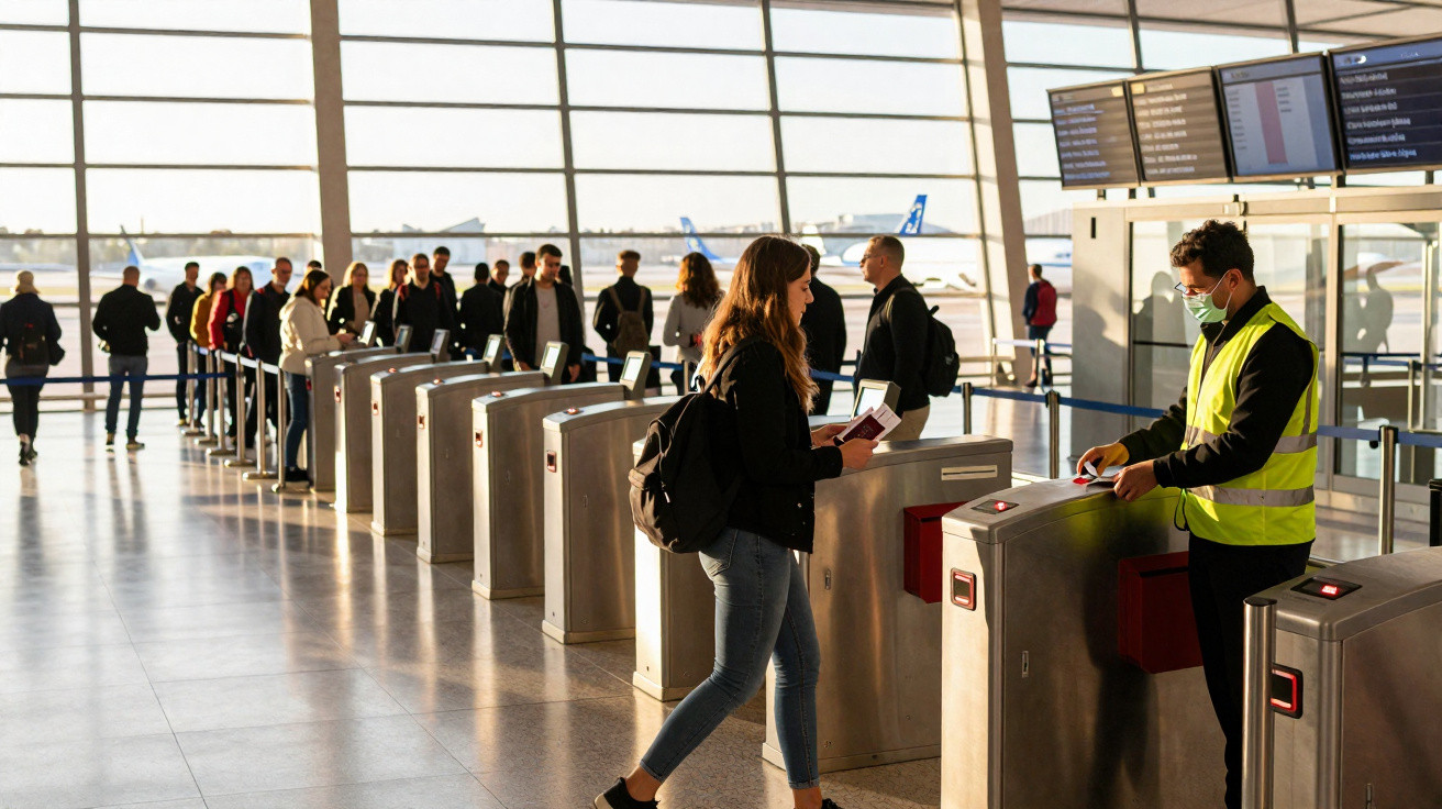 Pessoas na fila junto a portais eletrónicos num aeroporto com funcionário a operar terminal de controlo.