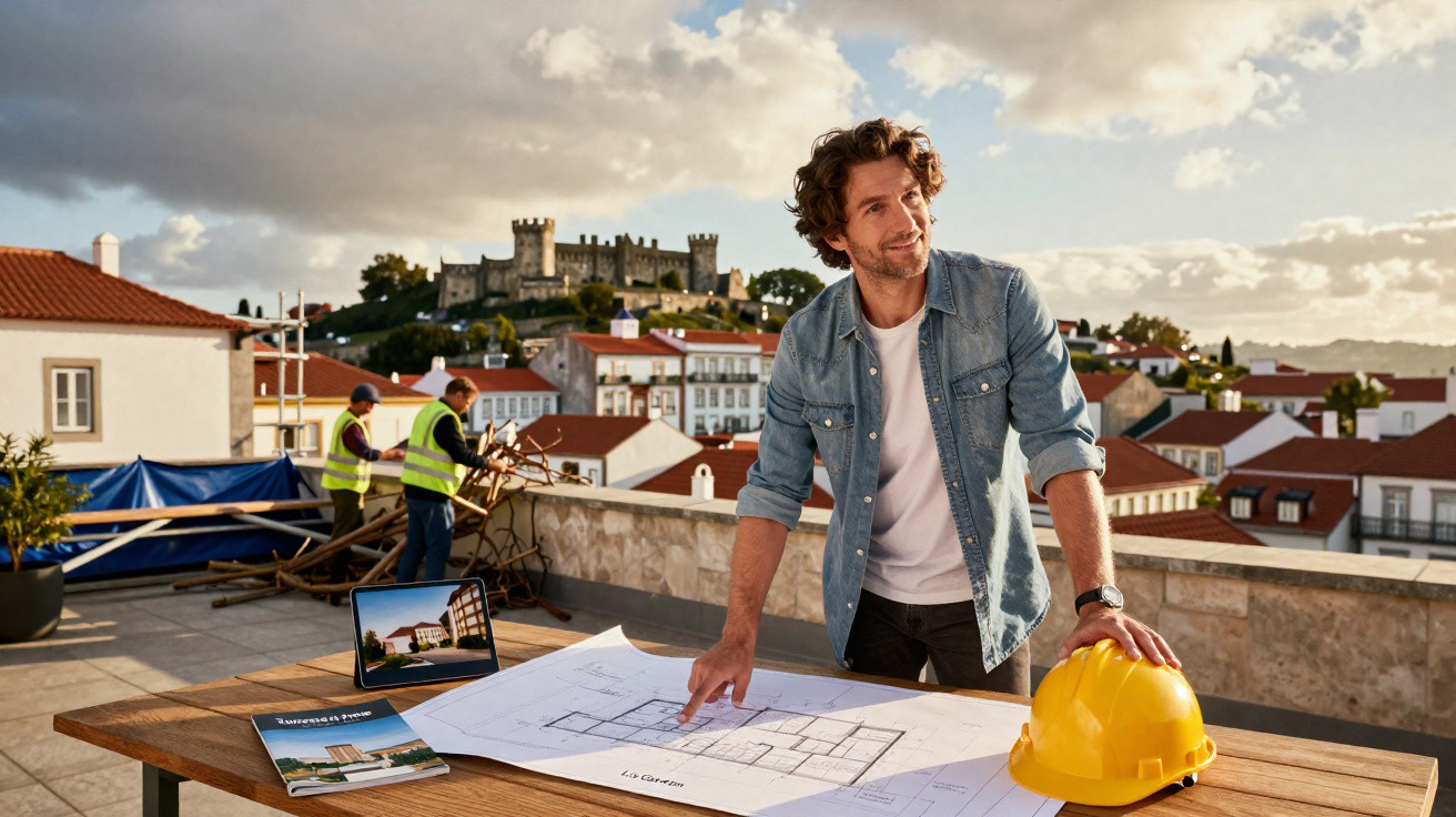 Homem analisa plantas de construção numa mesa ao ar livre com capacete amarelo, trabalhadores e edifícios ao fundo.