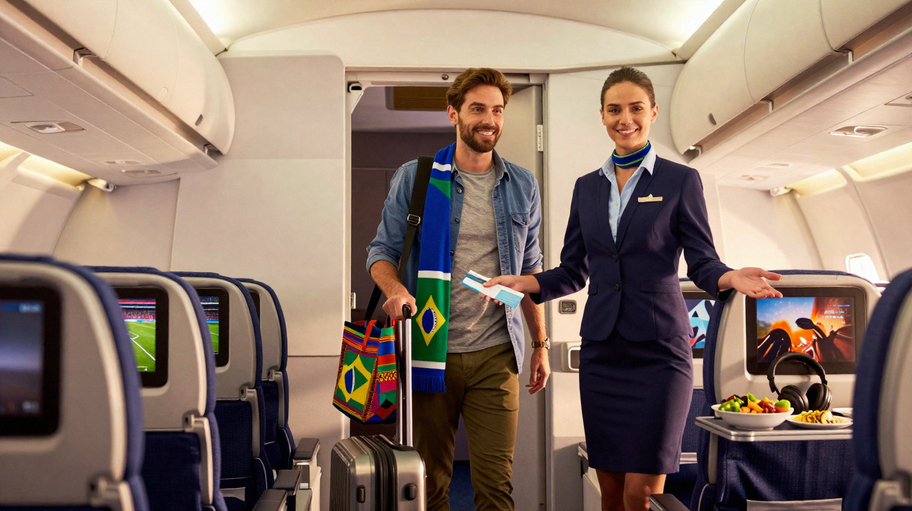 Assistente de bordo a receber passageiro com mala e cachecol dentro de avião, em classe económica.