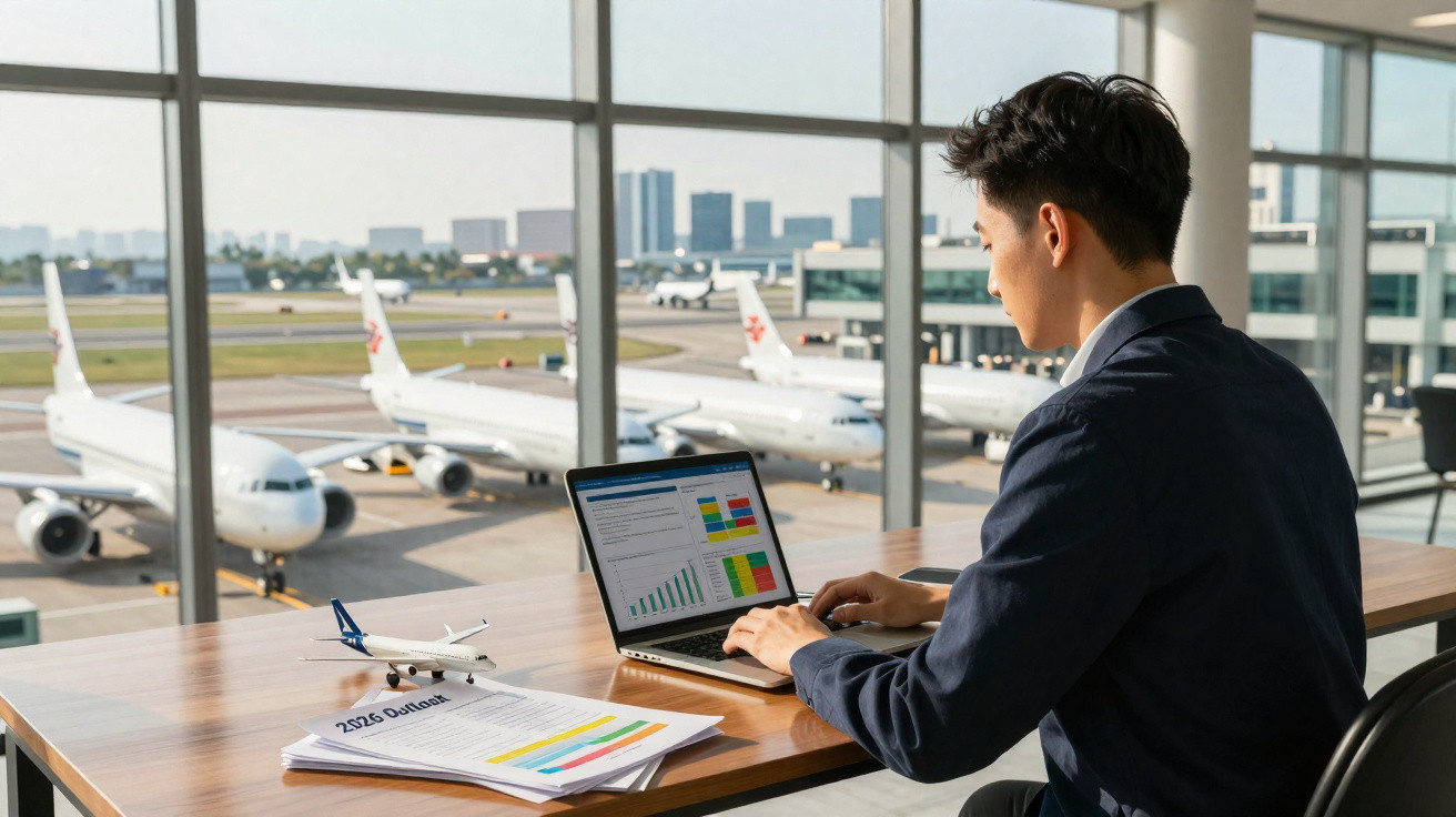 Homem a trabalhar num computador portátil com gráficos, junto a janela com vista para aviões num aeroporto.