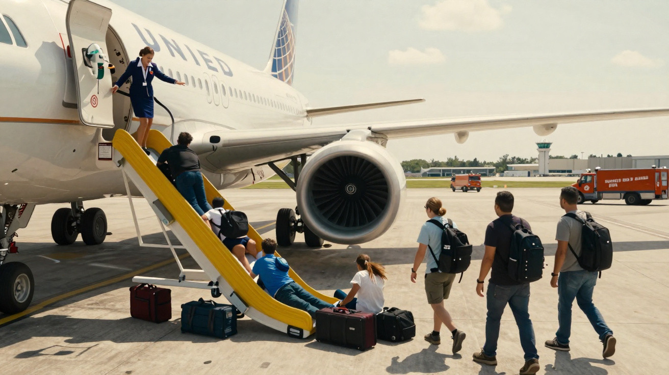 Passageiros a embarcar num avião da United Airlines através de escada portátil no aeroporto.