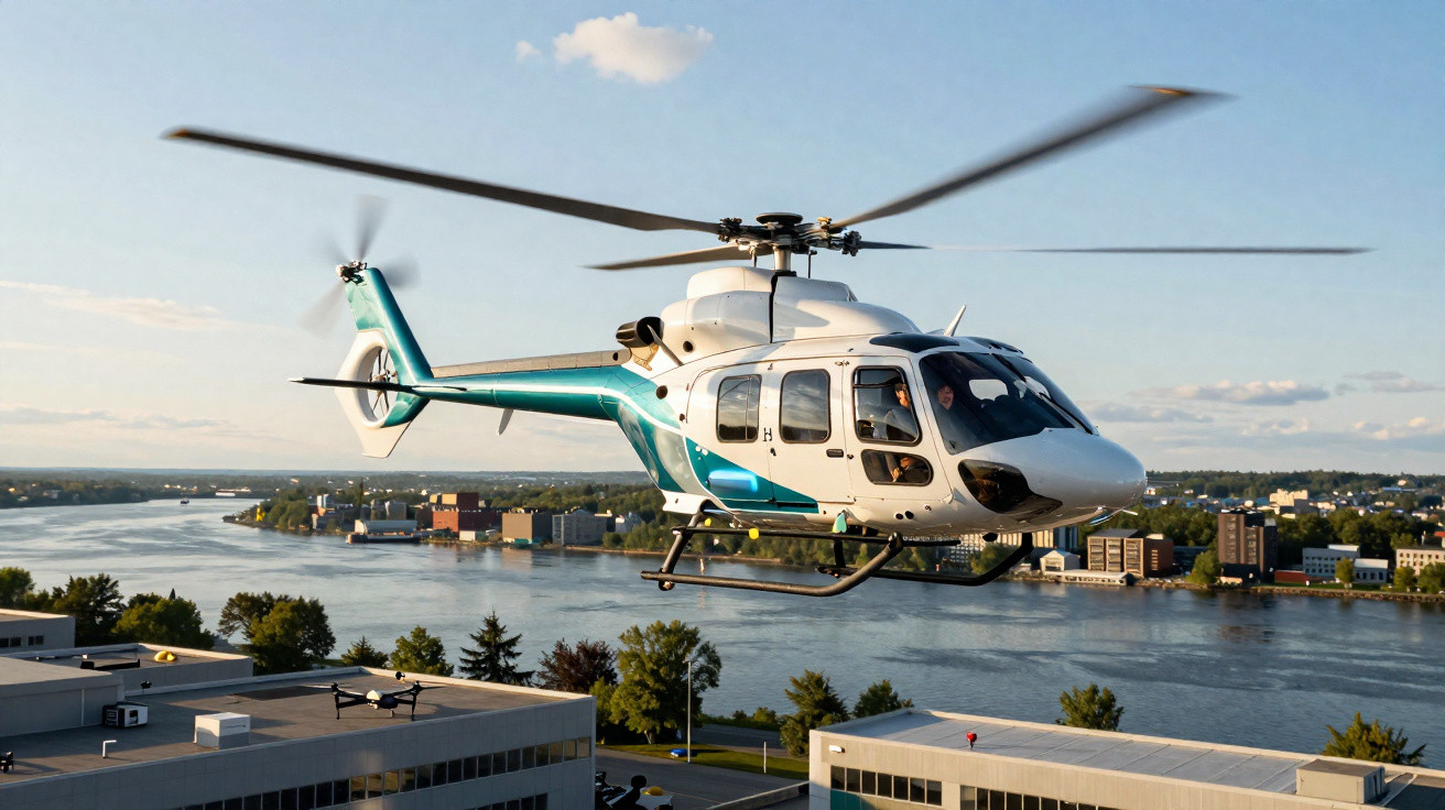 Helicóptero branco e azul a sobrevoar edifícios junto a um rio sob céu limpo.