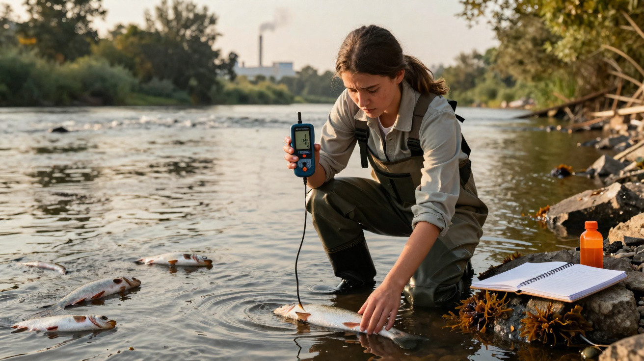 Mulher com roupa de proteção coleta amostra de água e peixe num rio para análise ambiental.