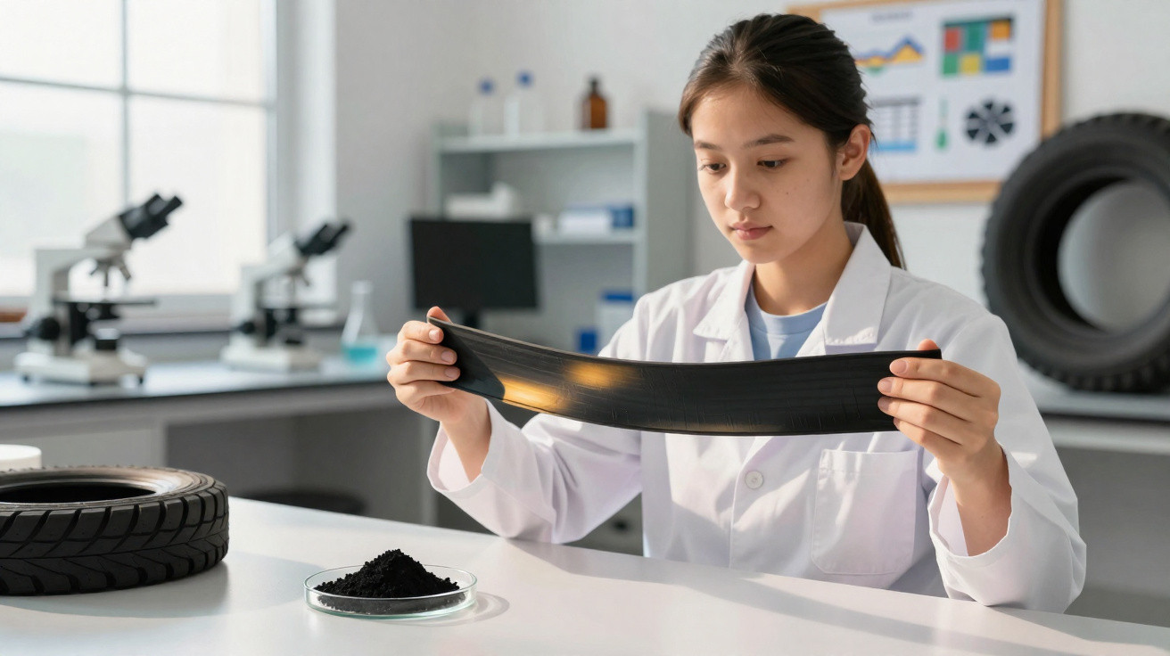Mulher cientista numa oficina, analisando uma câmara de ar esticada, perto de pneus e material de borracha.
