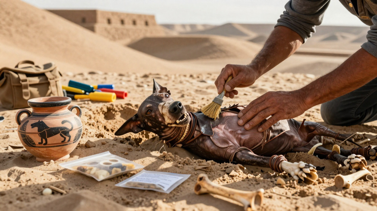 Pessoa a fazer escavações arqueológicas com um cão sem pelo e utensílios no deserto.