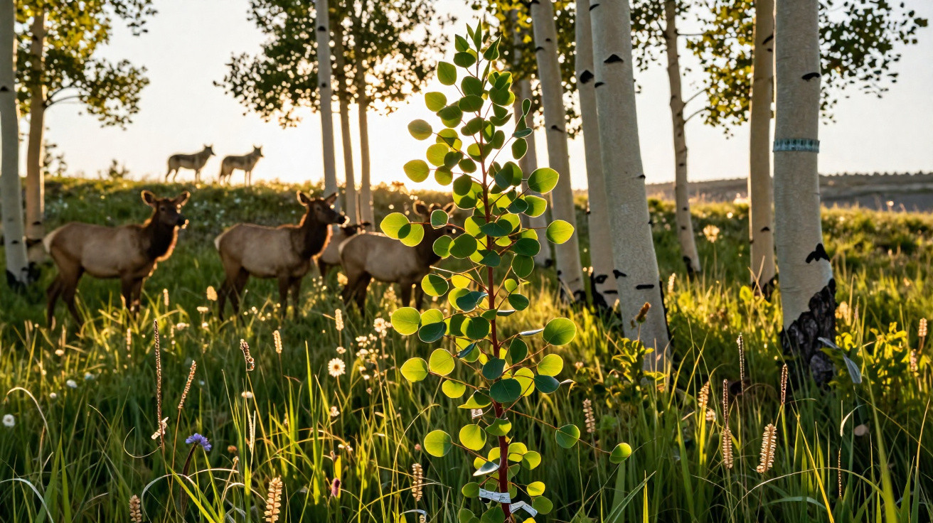 Veados em pasto com árvores e plantas ao pôr do sol numa paisagem natural serena.