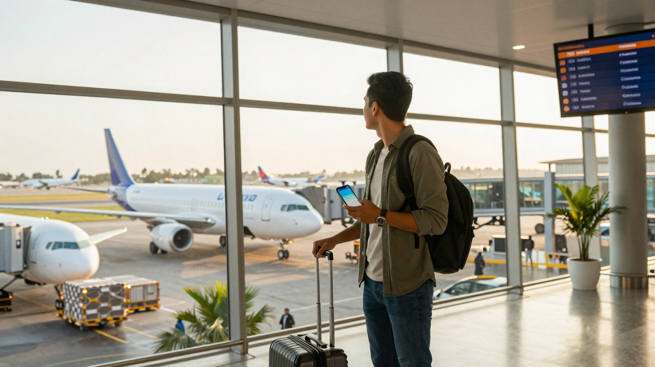 Homem com mochila e mala de viagem observa aviões na pista através de janela ampla no aeroporto.
