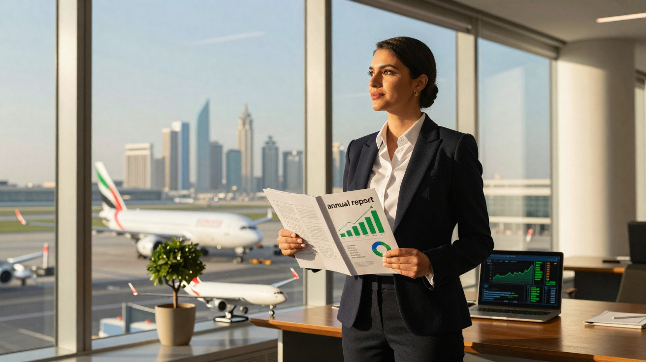 Mulher de negócios em escritório com vista para aeroporto apresenta relatório anual com gráficos coloridos.