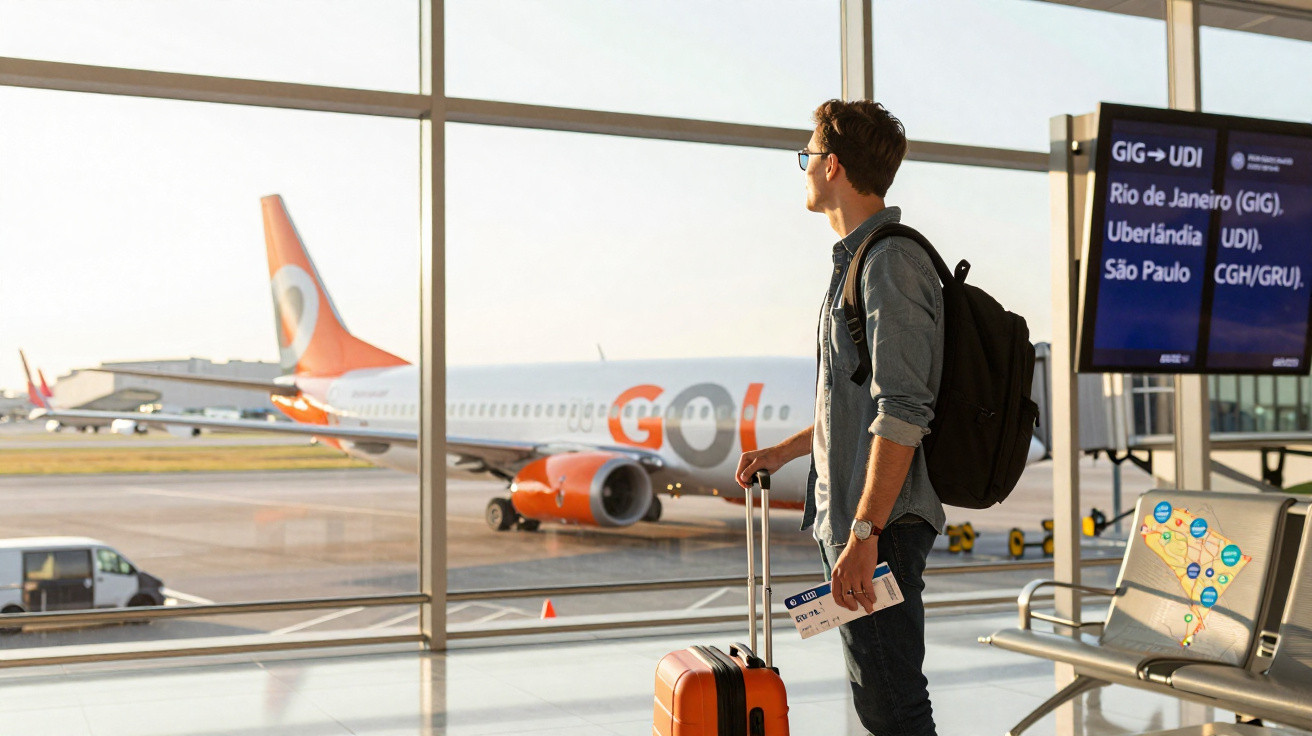 Homem com mala e mochila observa avião da companhia Gol na janela do aeroporto ao amanhecer.