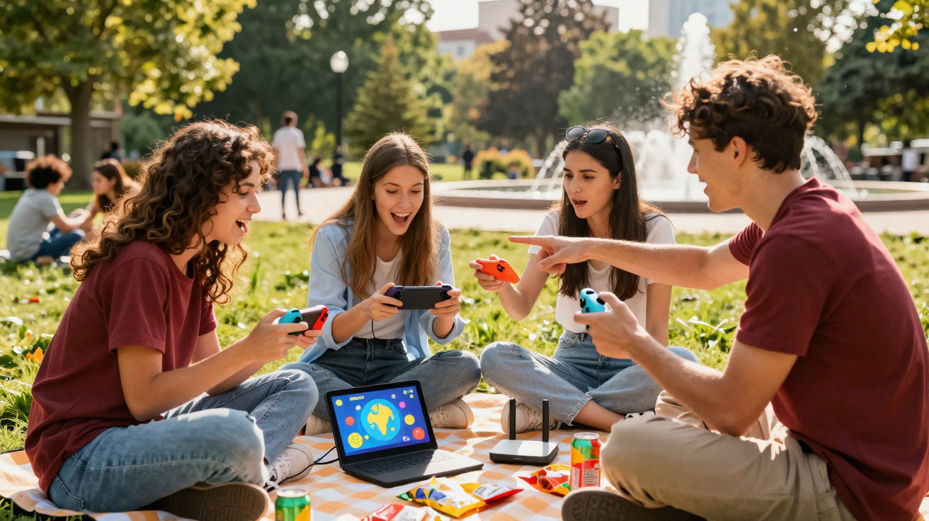 Quatro jovens sentados no parque a jogar videojogos numa consola portátil durante um dia ensolarado.