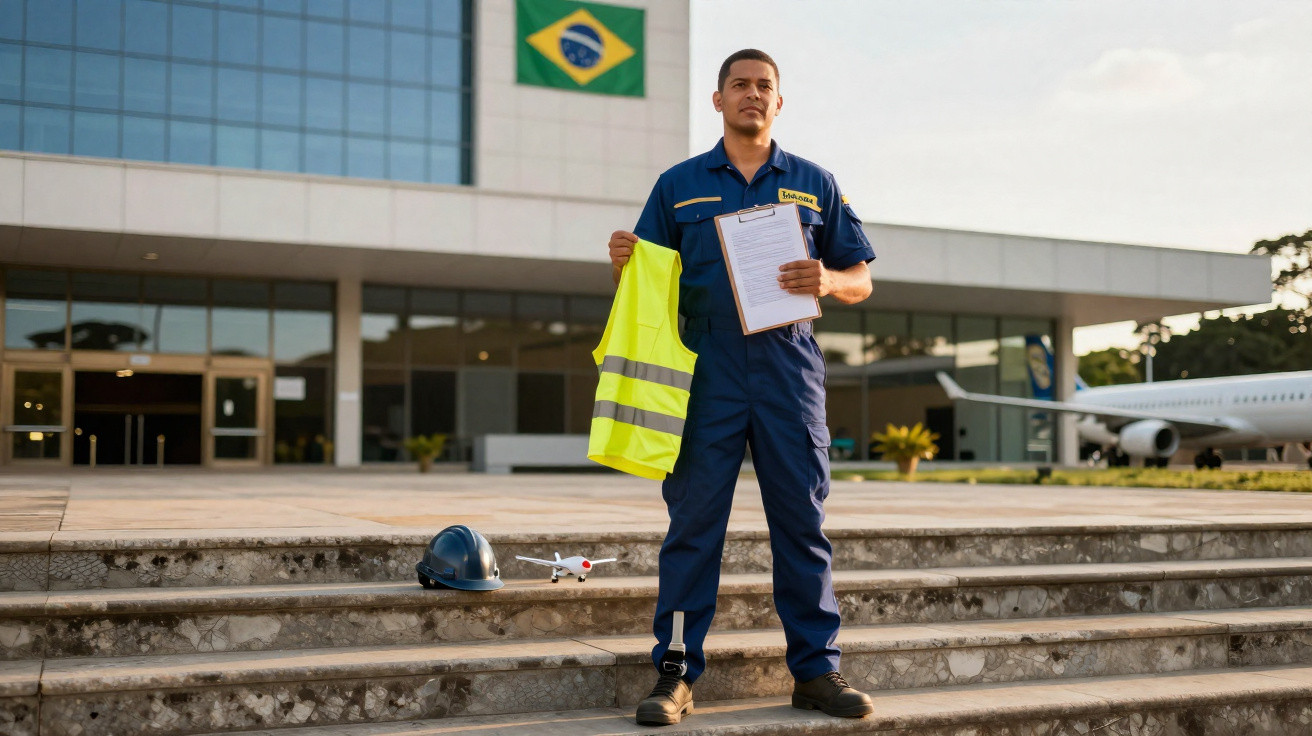 Homem com prótese na perna, uniforme azul e colete refletor, segurando documentos em aeroporto.