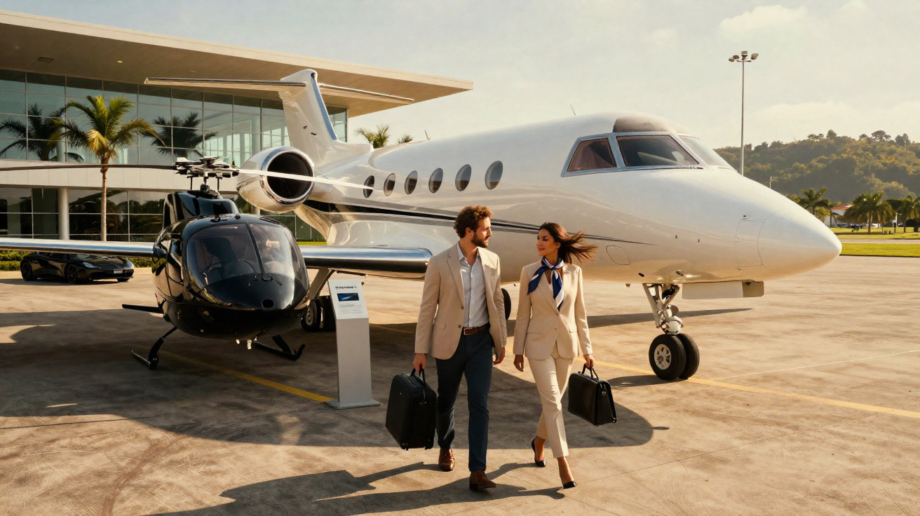 Casal elegante a caminhar junto a jato privado estacionado num aeroporto ao pôr do sol.