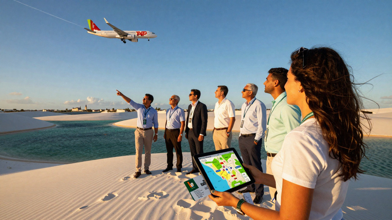 Grupo de pessoas em dunas observa avião a aterrar com tablet e céu azul.