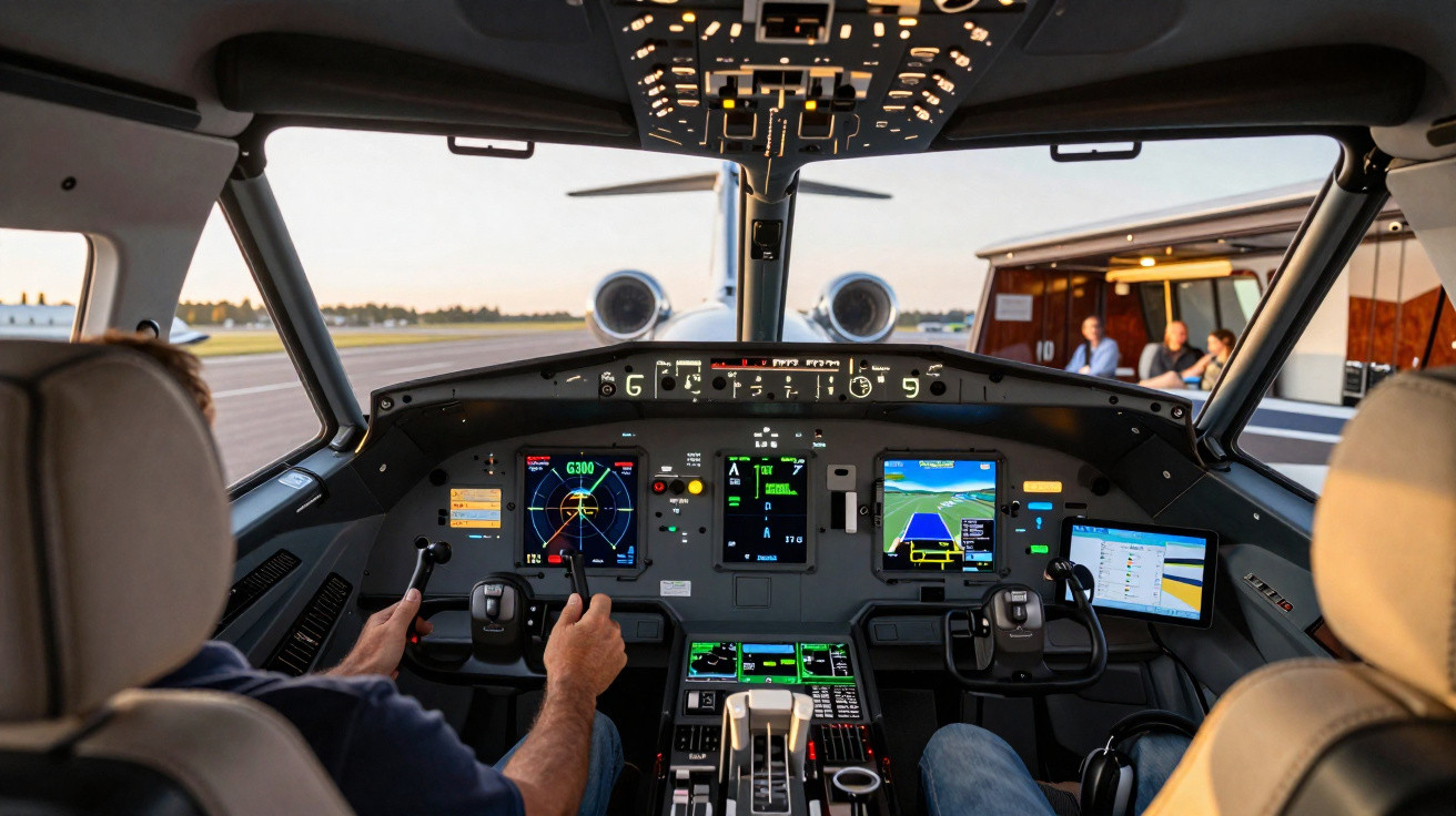Cockpit de avião privado com piloto e dois passageiros sentados na cabine ao pôr do sol.
