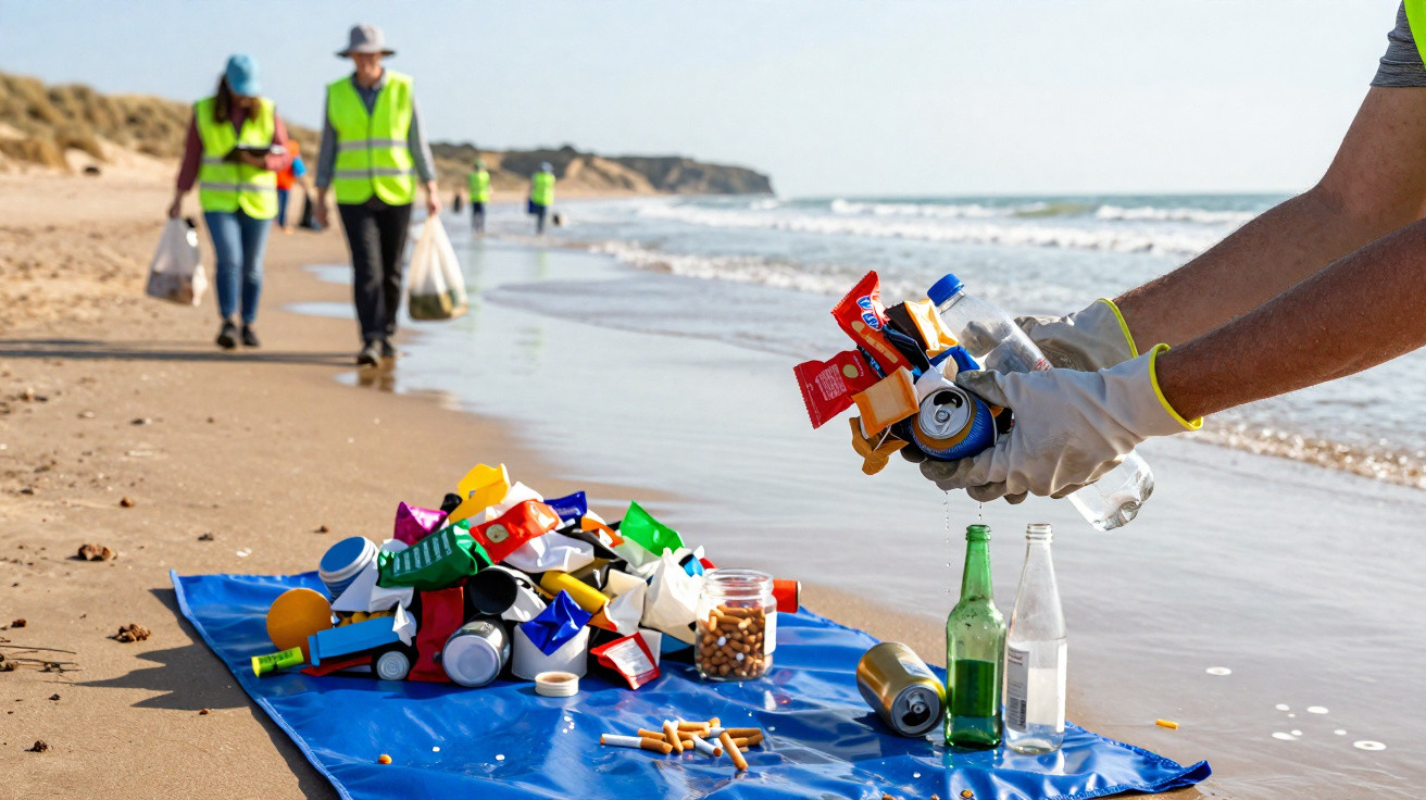 Pessoa com luva a segurar lixo recolhido na praia, com grupo de voluntários e desperdícios sobre lona azul.