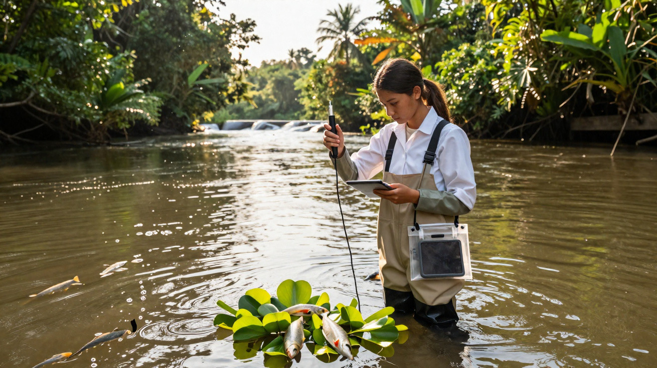 Mulher a medir parâmetros da água num rio ladeado por vegetação densa, usando equipamento científico.