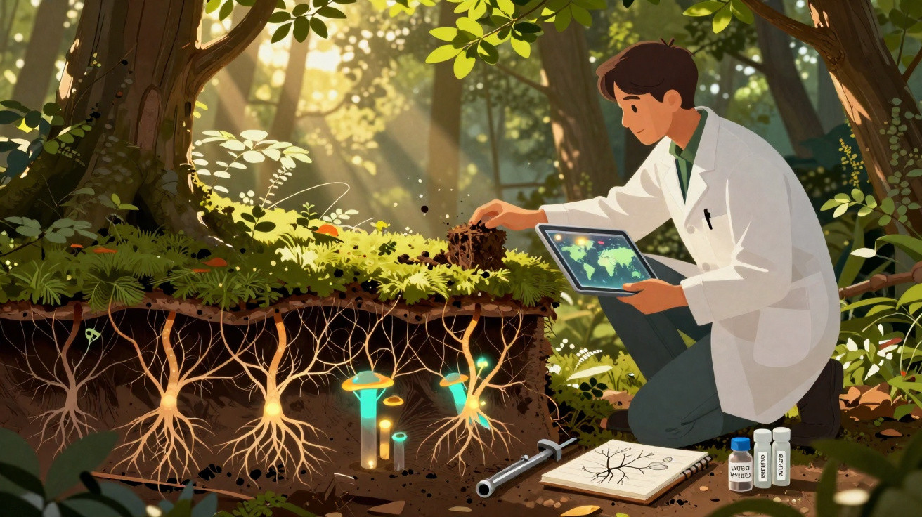 Jovem cientista com bata branca estuda raízes de plantas na floresta usando tablet e materiais científicos.