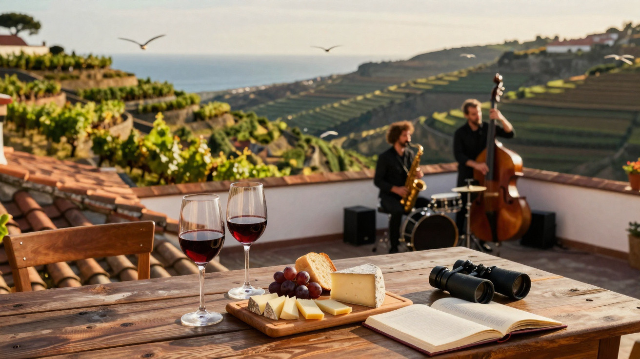 Mesa de madeira com tábua de queijos, pão, vinho, binóculos e livro, com músicos e vinhas ao fundo.