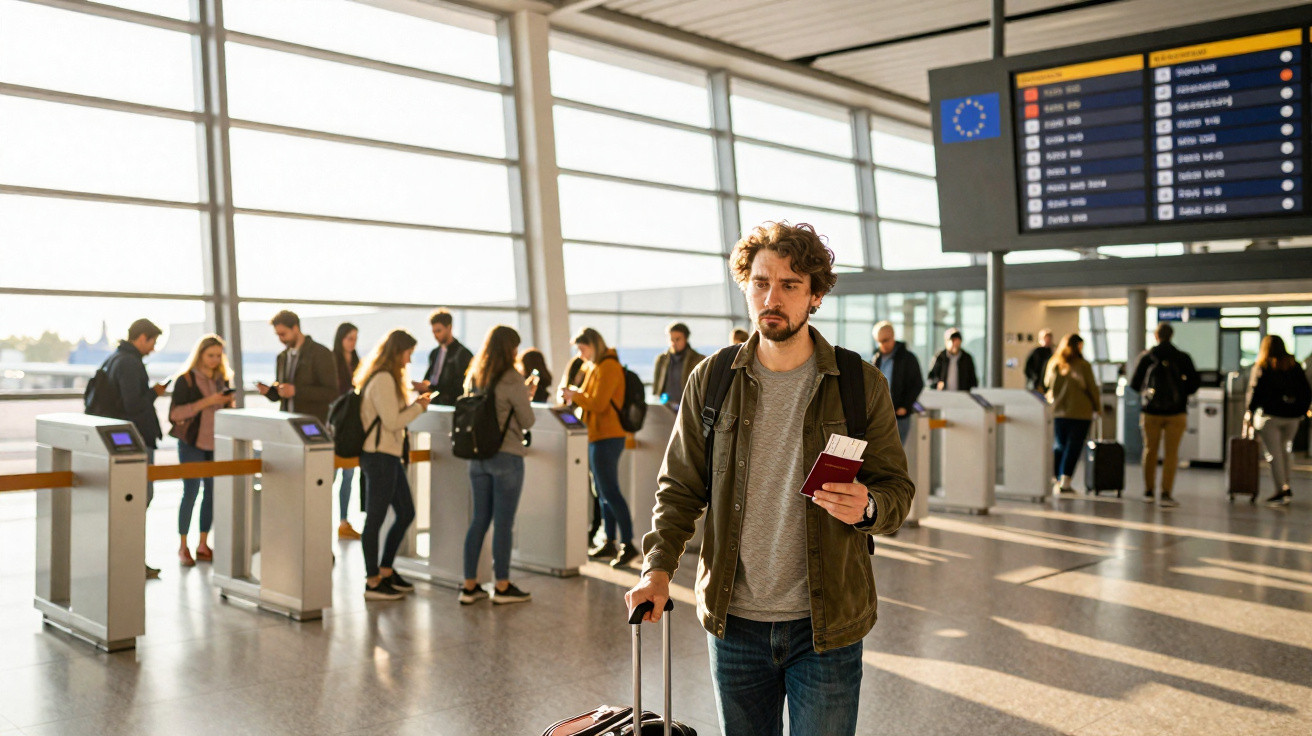 Homem com mala e passaporte numa estação de comboio moderna, com várias pessoas a passar pelas bilheteiras.