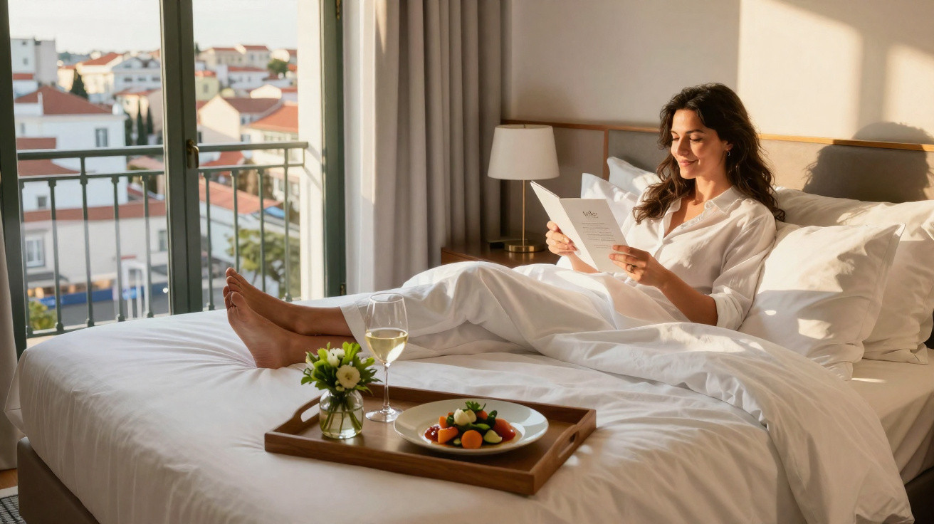 Mulher de pijama branco a ler na cama com vista para cidade, mesa com vinho e frutas à frente.