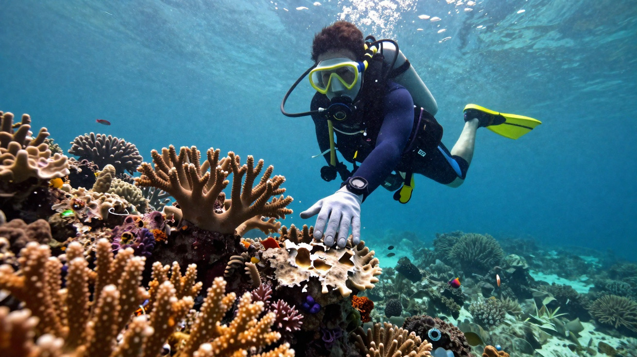 Mergulhador com equipamento completo explora recife de coral colorido no fundo do mar.