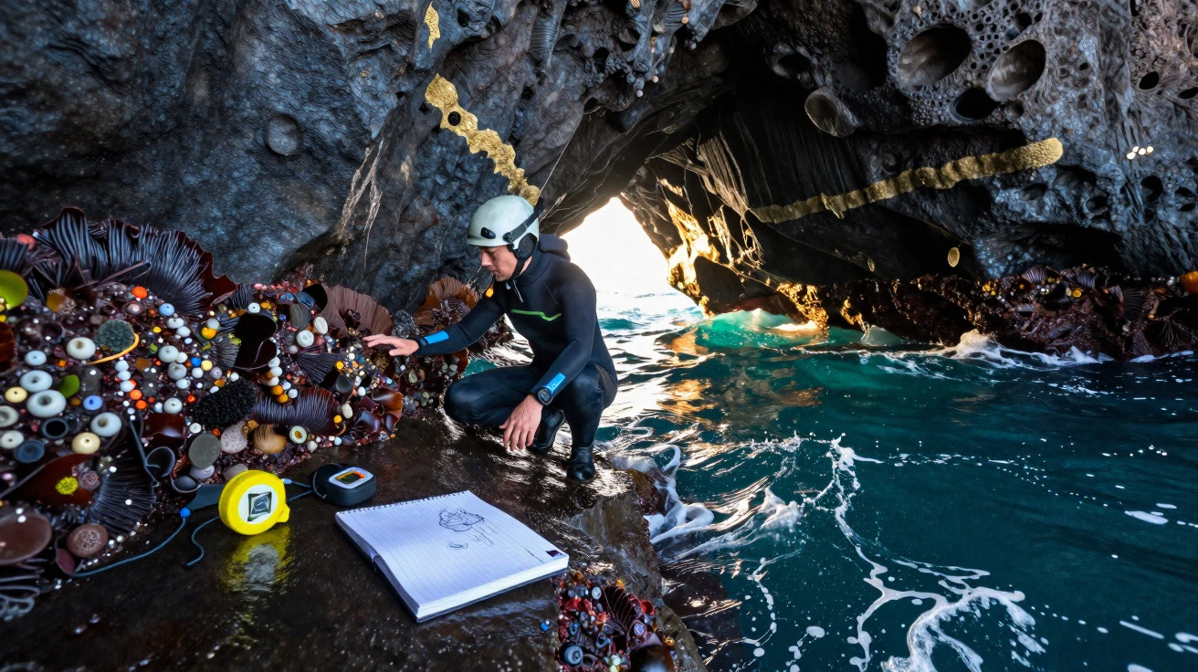 Mergulhador em fato e capacete regista conchas coloridas em gruta rochosa junto ao mar.