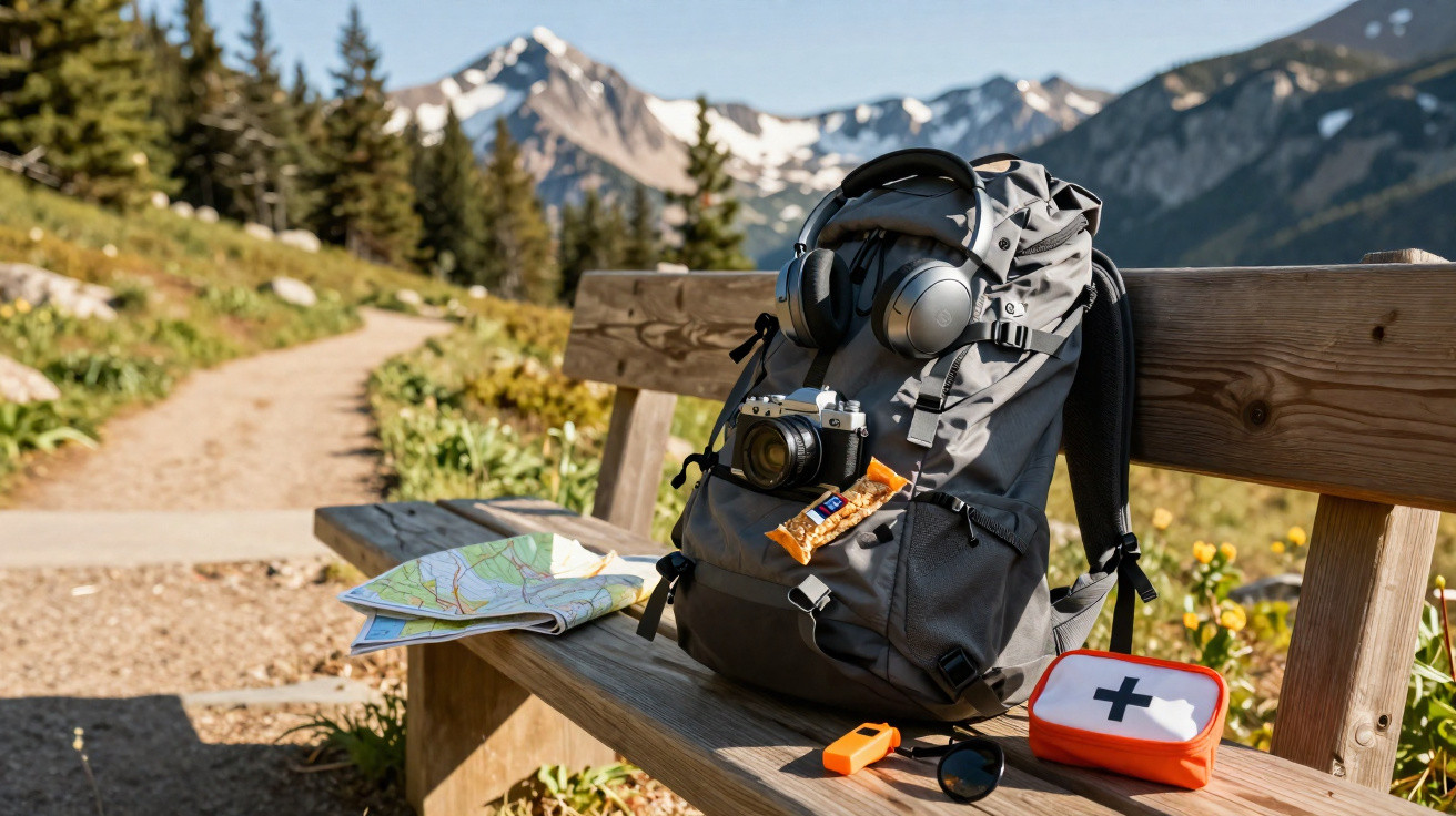 Mochila com equipamento de caminhada num banco de madeira em trilho de montanha com pinheiros e neve ao fundo.