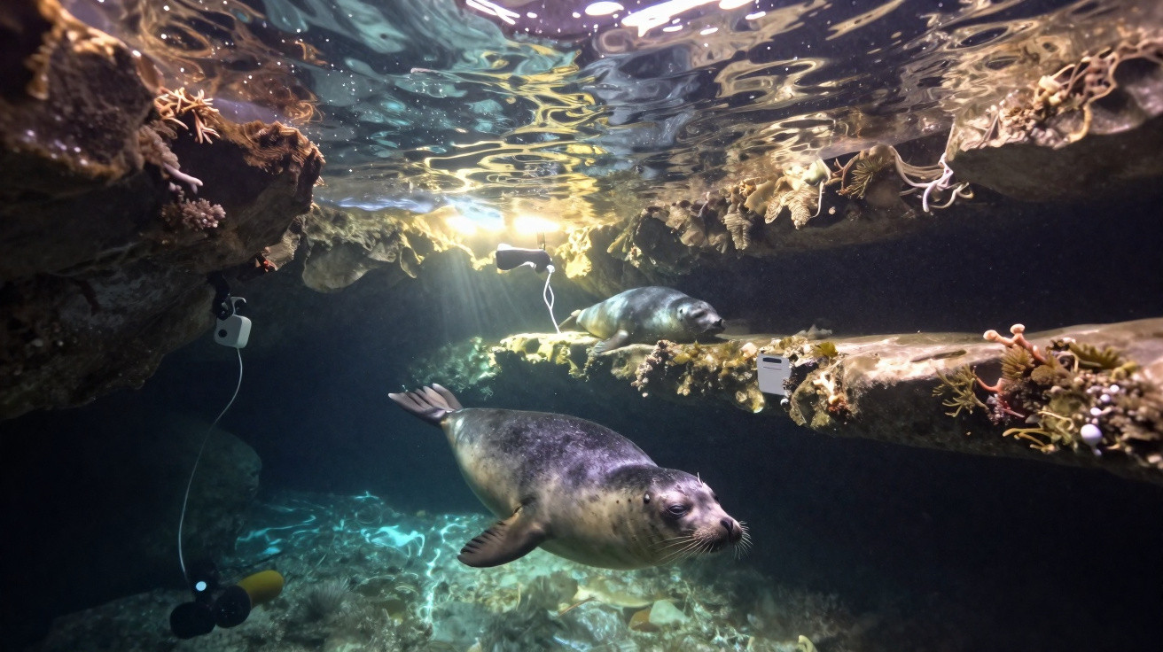 Focas a nadar em águas claras com luz solar a penetrar entre formações rochosas subaquáticas.