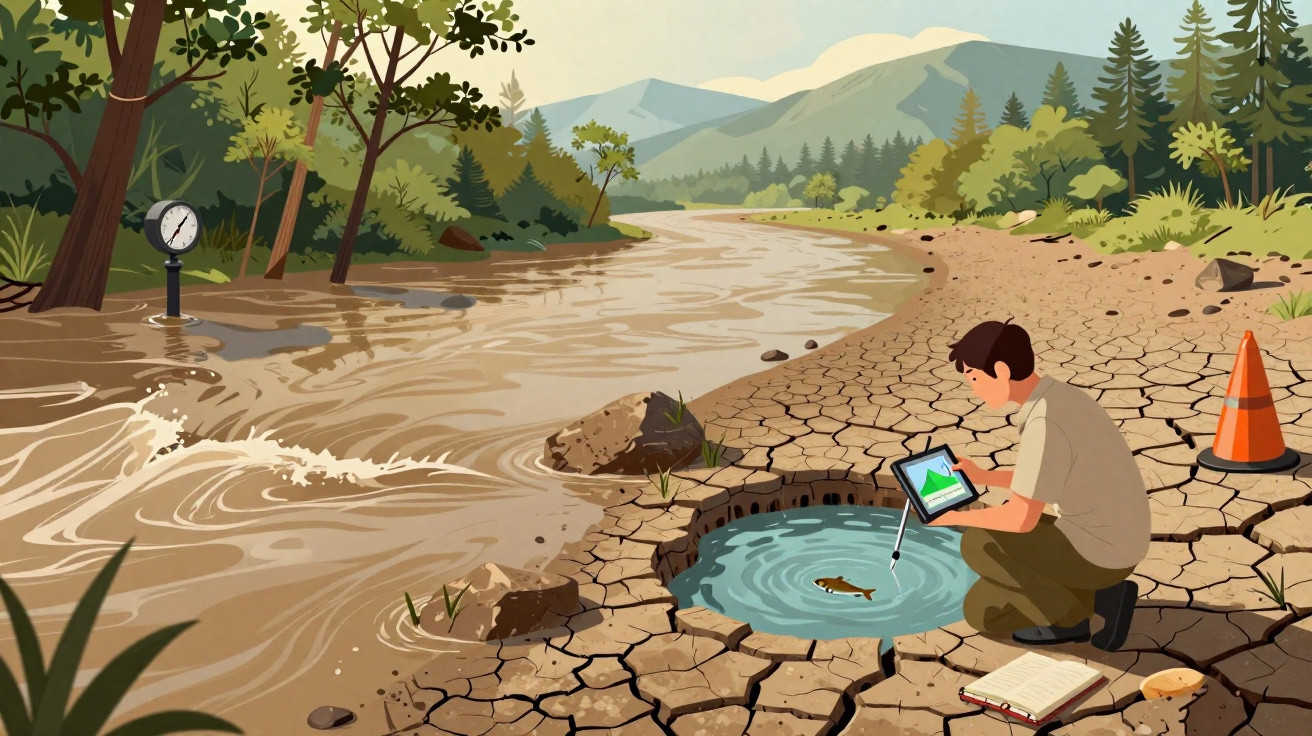 Homem mede poluição num pequeno lago rodeado por terra seca com plantas e rio próximo.